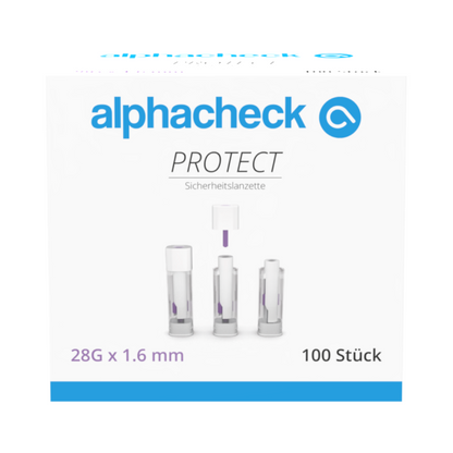 Een doos met het opschrift "alphacheck PROTECT" van Berger Med GmbH bevat 100 Alphacheck PROTECT veiligheidslancetten (28G x 1,6 mm) voor pijnloze bloedafname. De voorkant toont drie lancetten met tekst in het Duits en Engels.