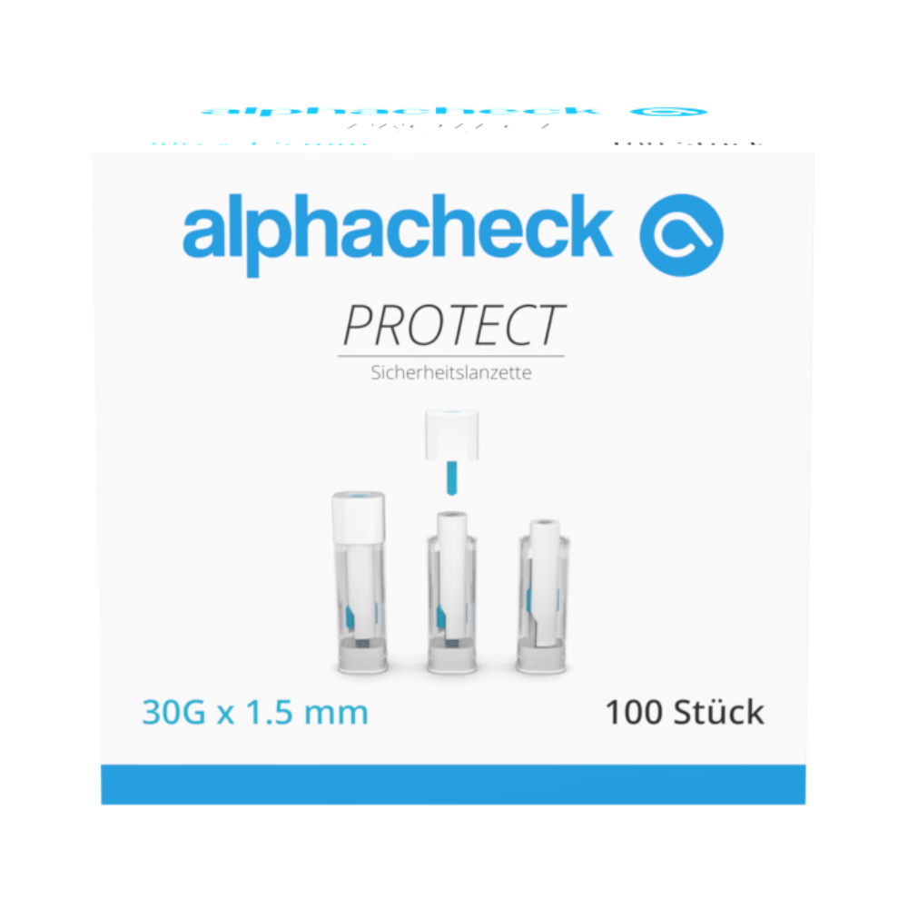 Een doos Alphacheck PROTECT veiligheidslancetten (30G x 1,5 mm, 100 stuks) van Berger Med GmbH voor pijnloze bloedafname; drie lancetten met beschermkappen en alphacheck-logo op een witte achtergrond.