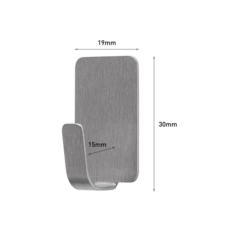 De Command™ roestvrijstalen metalen haak maat S (19mm x 30mm, 15mm haak) van 3M Deutschland GmbH (4 haken, 5 strips) is afgebeeld op een eenvoudige witte achtergrond.