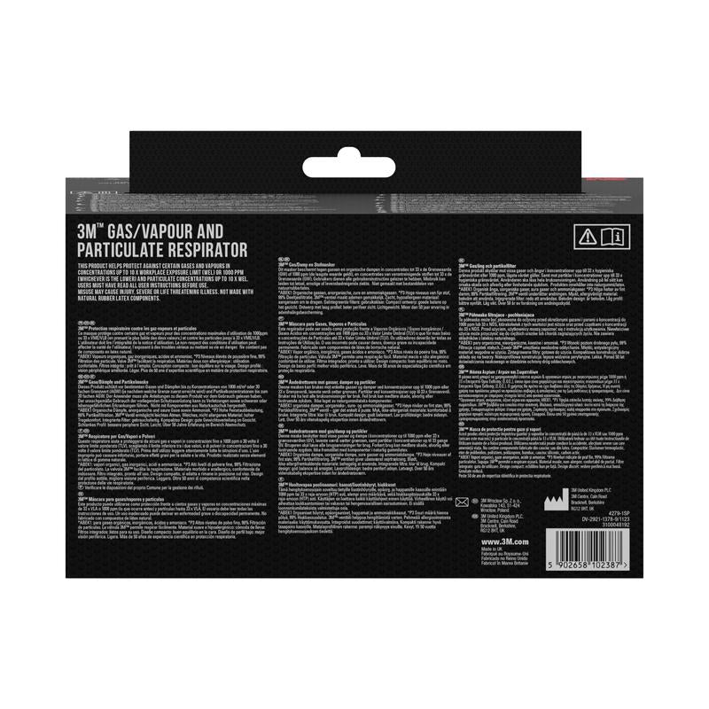 De achterkant van het 3M™ ademhalingsmasker met geïntegreerde filters van 3M Deutschland GmbH bevat productinformatie, instructies en waarschuwingen in meerdere talen op zwarte achtergrond met witte tekst en een barcode rechtsonder.