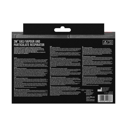 De achterkant van het 3M™ ademhalingsmasker met geïntegreerde filters van 3M Deutschland GmbH bevat productinformatie, instructies en waarschuwingen in meerdere talen op zwarte achtergrond met witte tekst en een barcode rechtsonder.