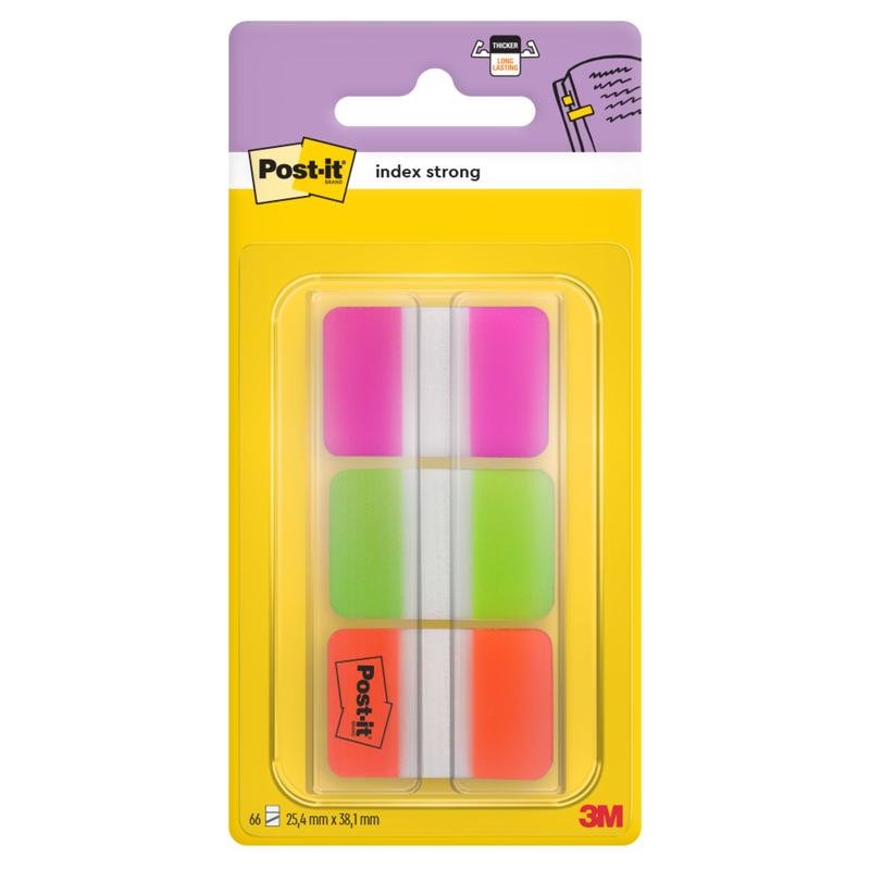 Een pak Post-it® Index Strong tabbladen van 3M Deutschland GmbH, standaardformaat (25,4 x 38,1 mm), in verschillende kleuren, 66 tabs per dispenser, verpakt in kunststof op geel en paars dragerpapier.