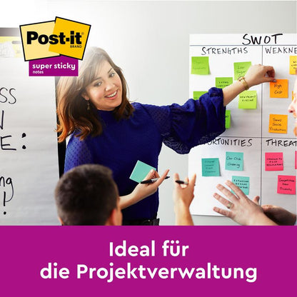 Een vrouw wijst naar een SWOT-diagram dat is bedekt met gele Post-it® Notities (76x76 mm, 90 vel/blok, 6 blokken/verpakking, 100% PEFC) van 3M Deutschland GmbH, terwijl anderen toekijken. De tekst luidt: "Ideaal voor projectbeheer."