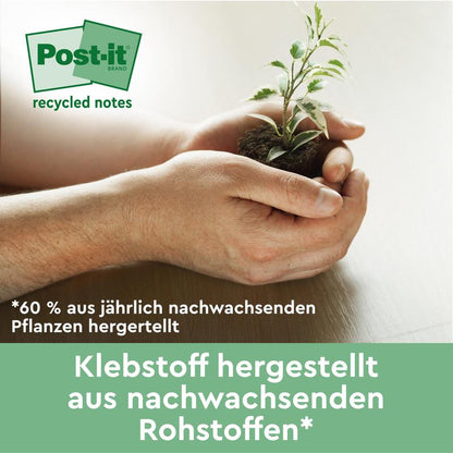 Een persoon houdt een kleine plant met aarde naast een groen spandoek in het Duits, dat aangeeft dat Post-it® Recycling Z-Notes (76x76 mm, 100 vel/Blok, 100% PEFC) van 3M Deutschland GmbH zijn gemaakt van hernieuwbare grondstoffen en jaarlijks hernieuwbare planten.