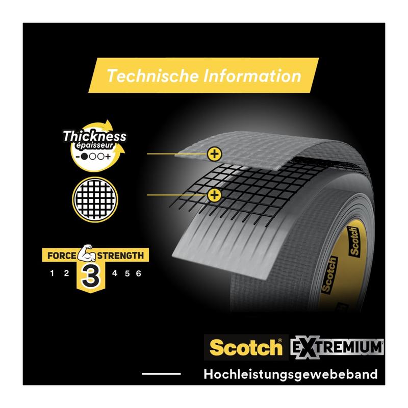 Een rol Scotch® Universal Tape 2904 (25 m x 48 mm) van 3M Deutschland GmbH is afgebeeld met een uitsnede die het versterkte raster toont. De grafiek beoordeelt de sterkte met 3 van 6. De tekst verschijnt in het Duits en Engels.
