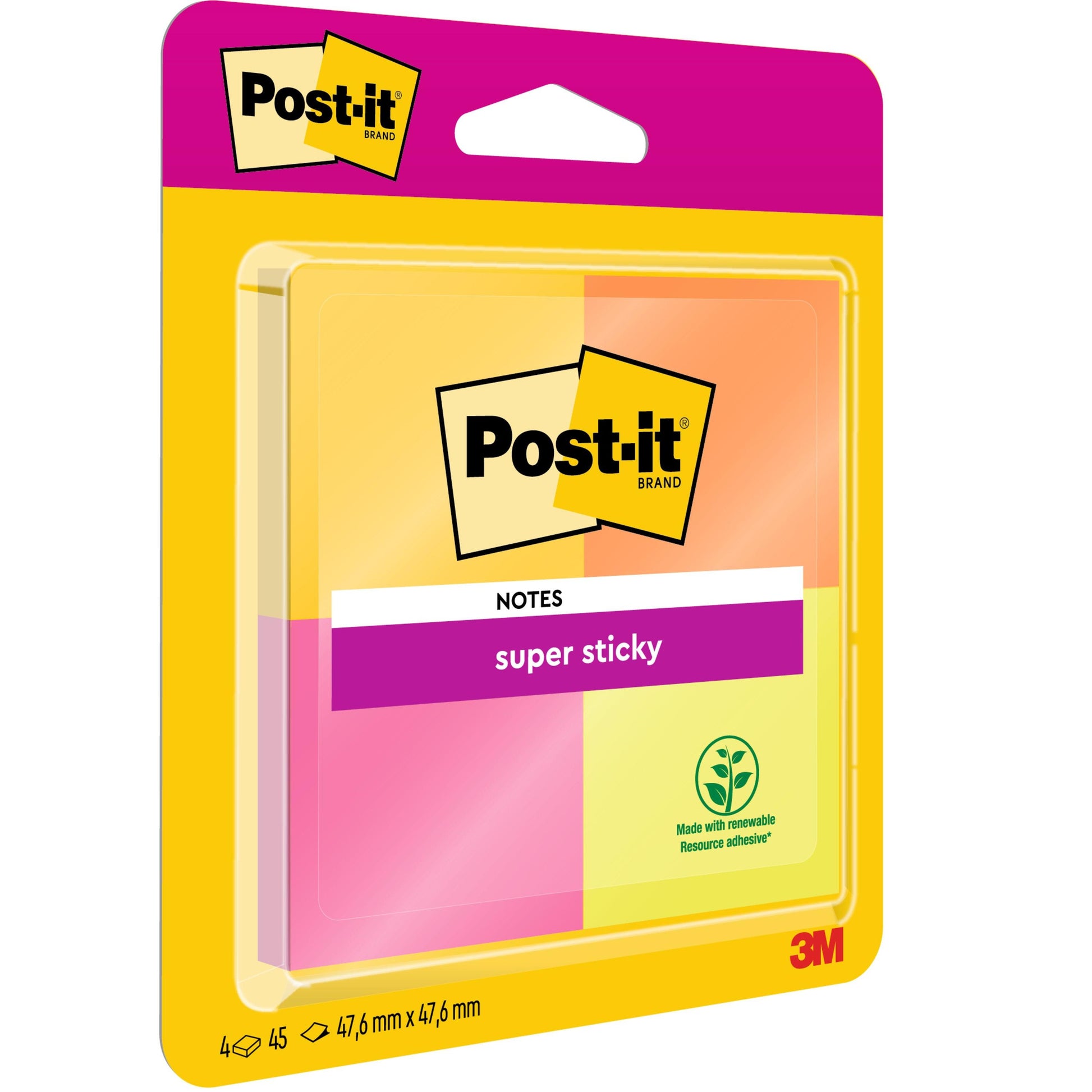 Eine Packung Post-it® Super Sticky Notes der 3M Deutschland GmbH enthält 4 Blöcke in verschiedenen Farben mit je 45 Blatt (47,6 mm x 47,6 mm) und verwendet PEFC-zertifiziertes Papier (SGSCH-PEFC-COC-110078) für Nachhaltigkeit.
