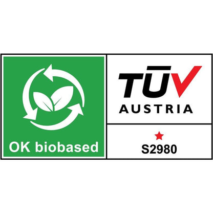 Een groen "OK biobased"-plaatje met wit recyclingsymbool en bladeren verschijnt naast het TÜV AUSTRIA-logo, de code "S2980" en een rode ster, die de Scotch™ bureau-tapedispenser C38 & Magic™ Tape van 3M Deutschland GmbH certificeert.