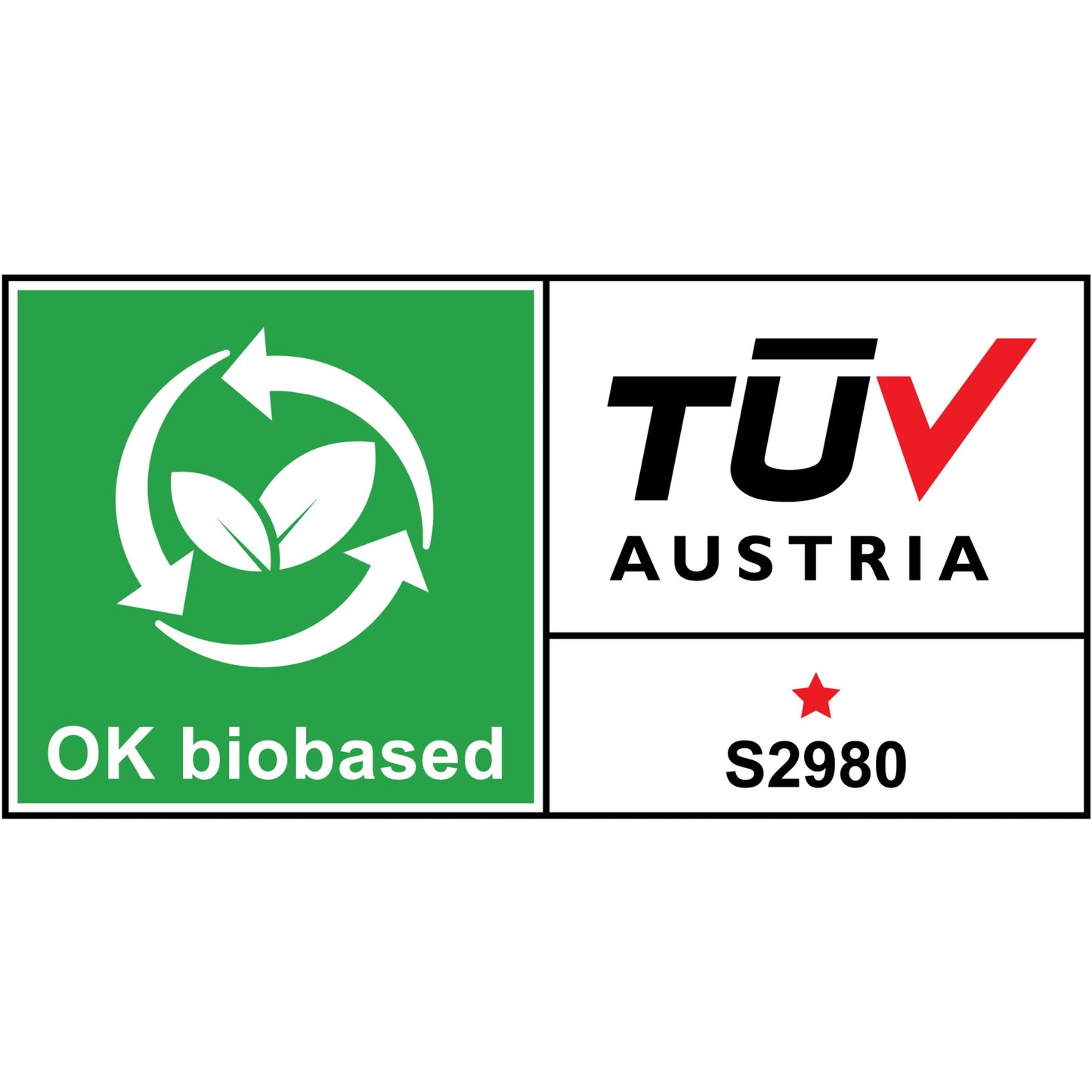 Een rechthoekig certificeringslabel voor de Scotch™ Tafeldispenser C18 + Scotch® Magic™ Onzichtbare Tape van 3M Deutschland GmbH toont een groene doos met bladeren en cirkelvormige pijlen, de tekst "OK biobased", het TÜV AUSTRIA-logo, een rode ster en de code S2980.