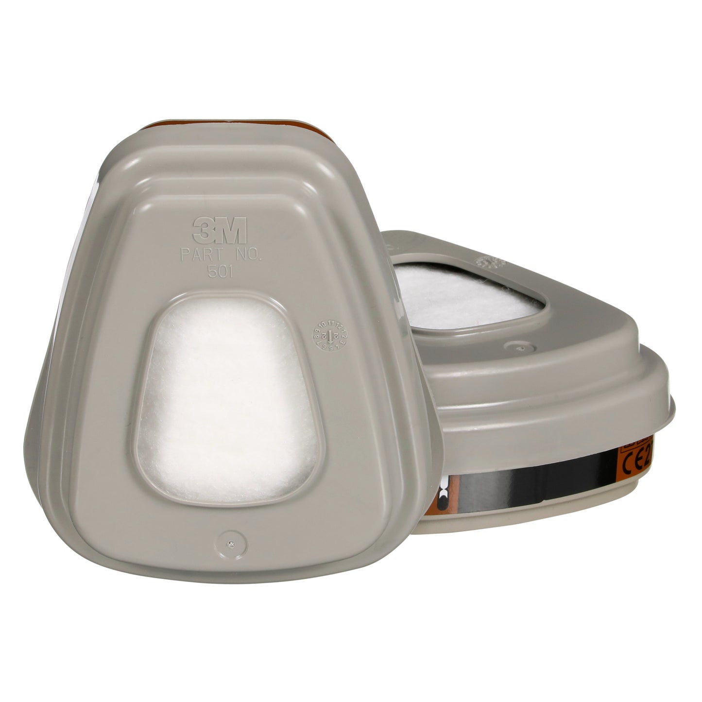 Zwei graue 3M™ Filtersatz 6003-1, A2P3 Filterpatronen von 3M Deutschland GmbH mit sichtbarem weißem Filtermaterial, konzipiert zum Schutz vor organischen Dämpfen - eine liegend und die andere leicht nach hinten gestützt.