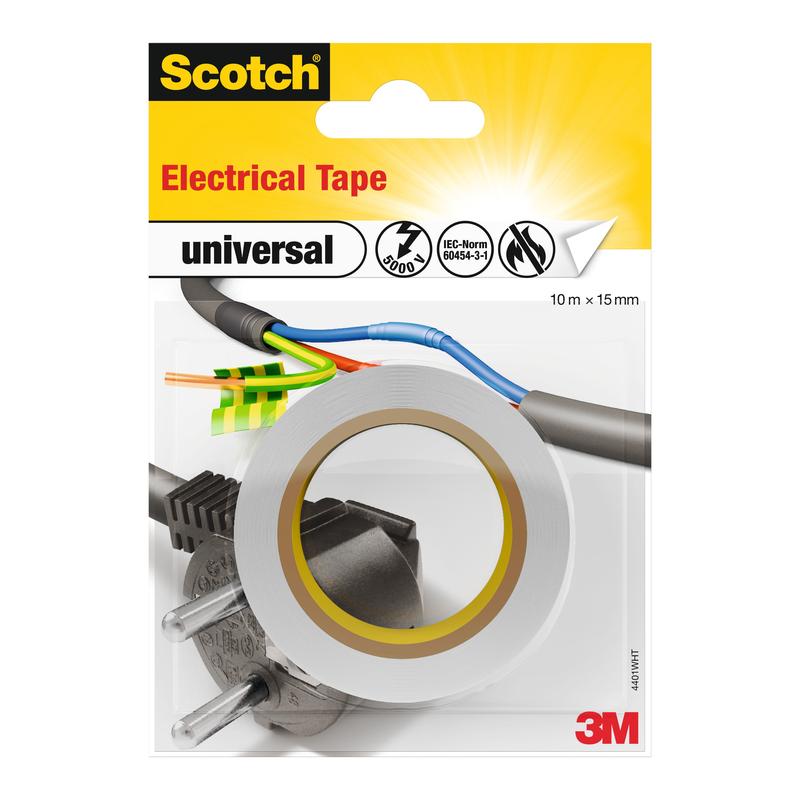 Een verpakking Scotch® Isolatietape universeel van 3M Deutschland GmbH, 1 rol (10 m x 15 mm), afgebeeld met een rol plakband, elektrische draden en een stekker op het etiket.