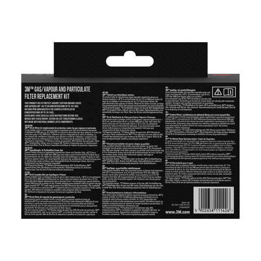 Rückseite eines 3M™ Filtersatzes 6002-1, A2P2 organische Dämpfe (2x6055, 2x5925, 2x501) der 3M Deutschland GmbH, mit Produktinformation, Gebrauchsanweisung und Sicherheitsrichtlinien für organische Dämpfe auf schwarzem Hintergrund.