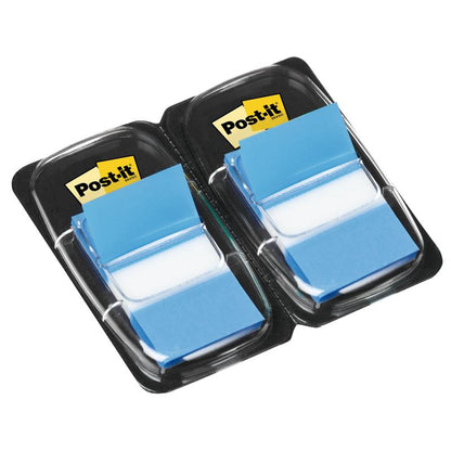 Een kunststofdispenser van 3M Deutschland GmbH bevat 50 blauwe Post-it® Index markeerstrips (25,4 mm x 43,2 mm), standaardformaat, met het gele Post-it-logo aan elke zijde van de verpakking.