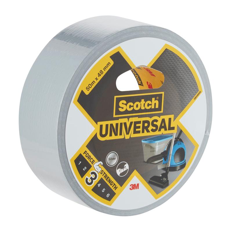 Een rol zilveren Scotch® Universele Tape 2904 van 3M Deutschland GmbH (50 m x 48 mm) met sterkteklasse 3/5 en een verpakking met afbeeldingen van een stofzuiger en een buis.