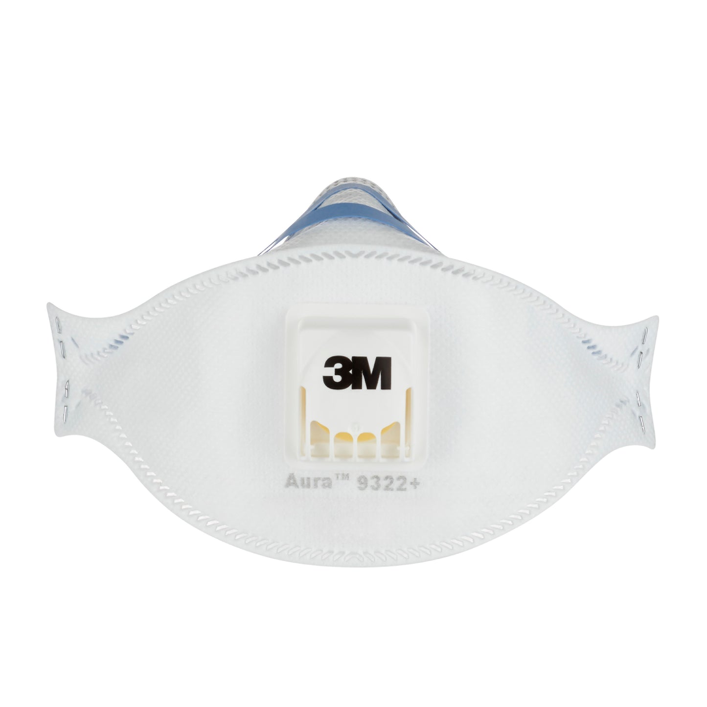 Afgebeeld is een 3M™ Aura™ Comfort Cool Flow™ Deeltjesmasker 9322+, FFP2, met ventiel van 3M Deutschland GmbH met centraal ventiel en zichtbaar merklogo, gefotografeerd voor een eenvoudige witte achtergrond.