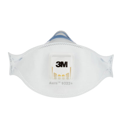 Afgebeeld is een 3M™ Aura™ Comfort Cool Flow™ Deeltjesmasker 9322+, FFP2, met ventiel van 3M Deutschland GmbH met centraal ventiel en zichtbaar merklogo, gefotografeerd voor een eenvoudige witte achtergrond.