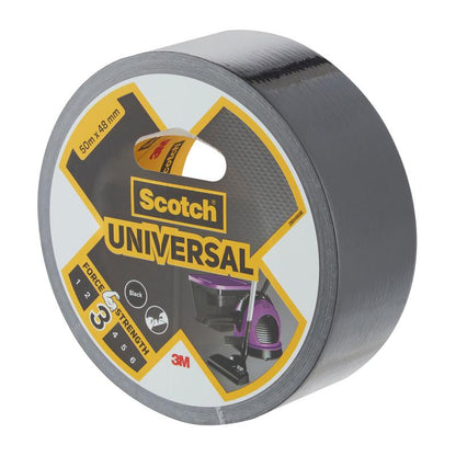 Een rol Scotch® Universele Tape 2904 (50 m x 48 mm) van 3M Deutschland GmbH, met zwart tape op de rol en een geel-zwarte verpakking met een uitsnede die de textuur van het tape laat zien.
