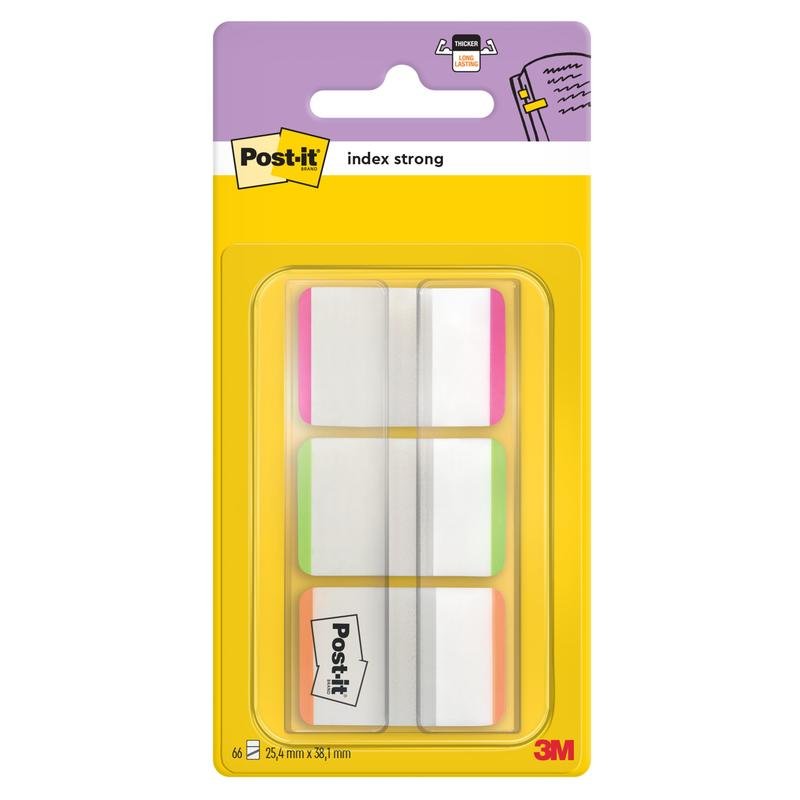 Afgebeeld is een pak 3M Deutschland GmbH Post-it® Index Strong tabbladen, standaard, verschillende kleuren (25,4 mm x 38,1 mm, 66 plakstroken/dispenser), in heldere kunststof en gele verpakking.