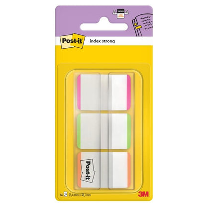 Afgebeeld is een pak 3M Deutschland GmbH Post-it® Index Strong tabbladen, standaard, verschillende kleuren (25,4 mm x 38,1 mm, 66 plakstroken/dispenser), in heldere kunststof en gele verpakking.