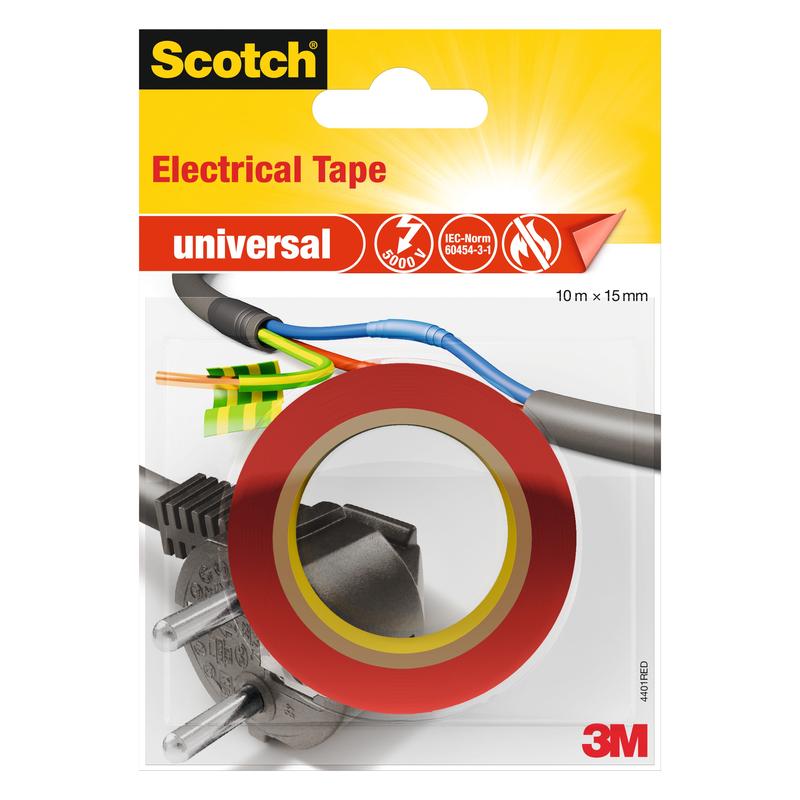 Een verpakking van Scotch® Isolatietape universeel, 10 m x 15 mm (1 rol), van 3M Deutschland GmbH, met rood plakband over een stekkerdoos en blootliggende kabels. Op de verpakking staan de logo's van Scotch en 3M afgebeeld.