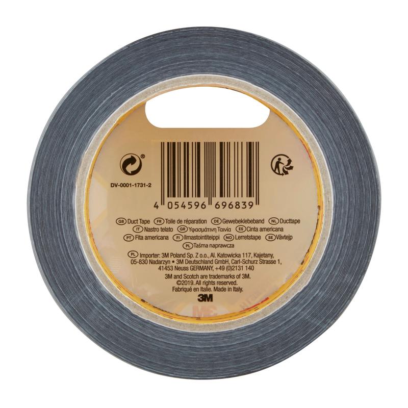 Een rol Scotch® Universal Tape 2904 (25 m x 48 mm) van 3M Deutschland GmbH, bestaande uit een grijze tape met een etiket op de binnenring dat een barcode, productdetails en het 3M-logo in meerdere talen bevat.