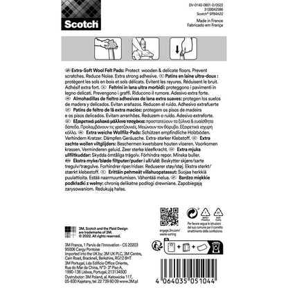 Achterkant van een verpakking Scotch® Extra zachte viltpads, zelfklevend, beige van 3M Deutschland GmbH met zwarte tekst op witte achtergrond met meertalige handleiding, voordelen, gebruiksinstructies en barcode.