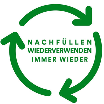 Drie groene pijlen omcirkelen de Duitse tekst "Navullen, Hergebruiken, Altijd Weer" en onderstrepen de milieuvriendelijke boodschap van het Scotch® Magic™ plakband van 3M Deutschland GmbH (met 66% plantaardige lijm, dispenser van gerecycled materiaal).