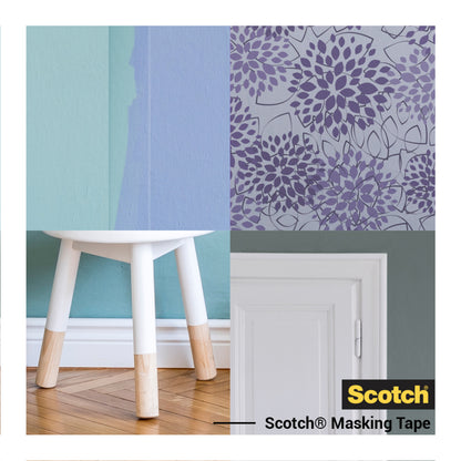 Een collage toont een half blauw geschilderde muur, een paarse bloementapete, een witte kruk met houten poten op een houten vloer en een witte deur. Rechtsonder is het Scotch® afplaktape voor gevoelige oppervlakken van 3M Deutschland GmbH afgebeeld.