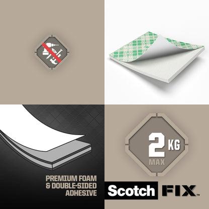 Eine Grafik zeigt ein No-Nails-Symbol, Scotch-FIX™ Doppelseitige Innenmontagequadrate (25 mm x 25 mm, 16 Stück) von 3M Deutschland GmbH, mit starker Klebekraft, "Premium Foam & Double-Sided Adhesive", "2 KG MAX", auf beigem Hintergrund.