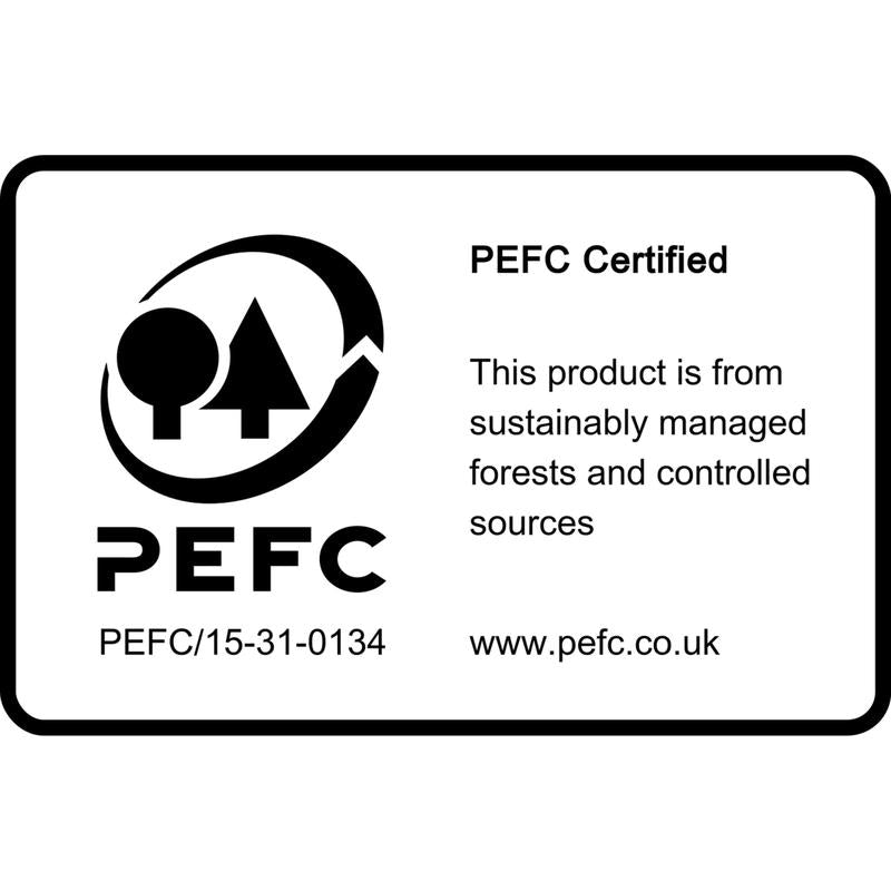 Een rechthoekig etiket toont het PEFC-logo, SGSCH-PEFC-COC-110078, en de tekst dat Post-it® Notes (Geel, 76x76mm, 90 vel/blok, 6 blokken) 100% PEFC-gecertificeerd zijn en uit duurzame bronnen afkomstig zijn. Info: www.pefc.co.uk. Merk: 3M Deutschland GmbH.