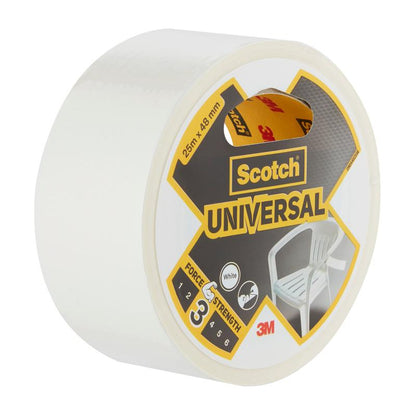 Scotch® Universal Tape 2904 van 3M Deutschland GmbH, 25 m x 48 mm, met een wit-geel etiket met het Scotch- en 3M-logo en de afbeelding van een witte kunststofstoel.
