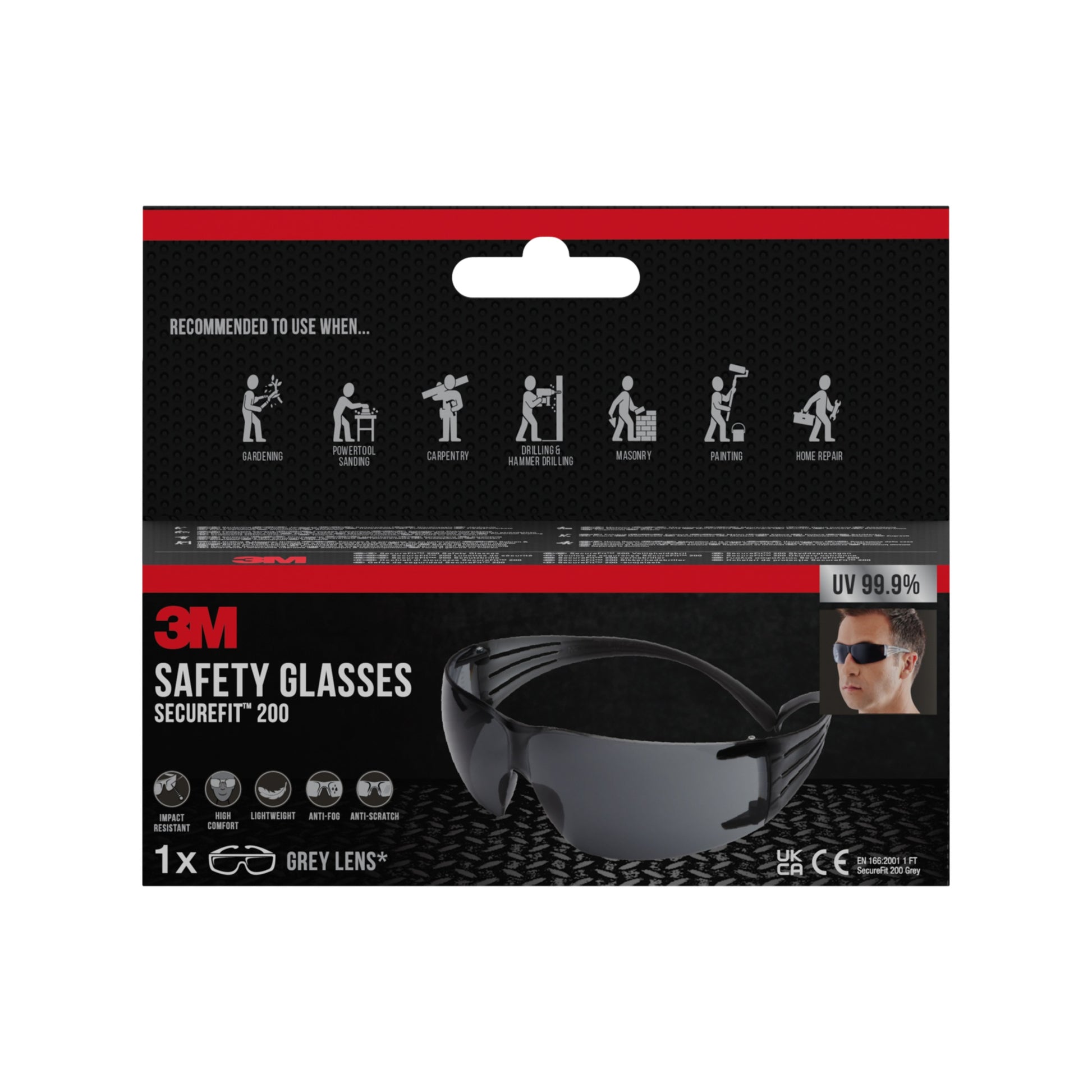 Das Bild zeigt die Verpackung der 3M™ SecureFit™ Schutzbrille 200 von 3M Deutschland GmbH, die die Brille und eine Person zeigt, die sie trägt. Auf der Verpackung sind die empfohlenen Verwendungszwecke und die UV-Schutzmerkmale aufgeführt.