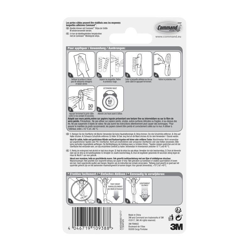 De Command™ kabelhouders, 17304-FR-verpakking van 3M Deutschland GmbH bevat instructies in het Frans, Duits en Nederlands voor het aanbrengen en verwijderen van kleefhaken met afbeeldingen voor kabelorganisatie en productdetails onderaan.