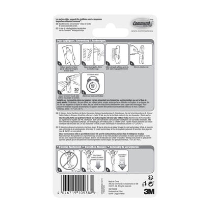 De Command™ kabelhouders, 17304-FR-verpakking van 3M Deutschland GmbH bevat instructies in het Frans, Duits en Nederlands voor het aanbrengen en verwijderen van kleefhaken met afbeeldingen voor kabelorganisatie en productdetails onderaan.
