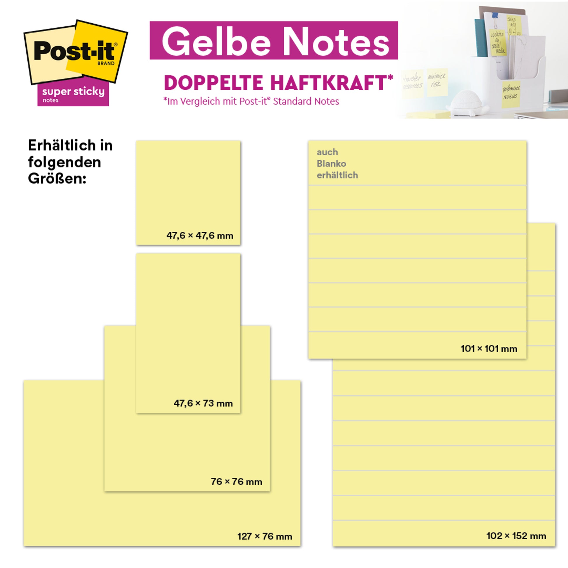 Ein Display mit Post-it® Notes der 3M Deutschland GmbH im Format 76 x 76 mm, 100 Blatt pro Block, hergestellt aus 100% PEFC-zertifiziertem Papier.