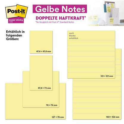 Een tabel toont de Post-it® Super Sticky Notes van 3M Deutschland GmbH in het formaat 76 mm x 76 mm (90 vel per blok). Productverpakkingen en toepassingsvoorbeelden zijn rechtsboven afgebeeld.