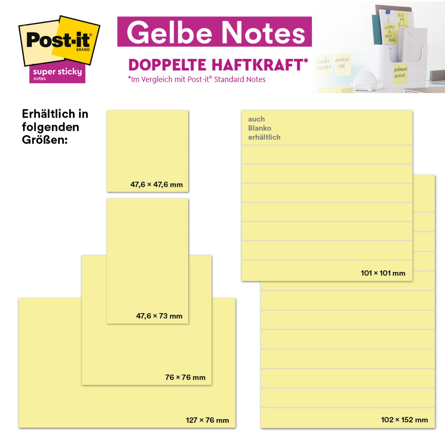 Eine Grafik zeigt 3M Post-it® Notes der 3M Deutschland GmbH in verschiedenen Größen, darunter 76 × 76 mm, mit der Verpackung im Hintergrund. Die 76 × 76 mm großen Zettel haben 100 Blatt pro Block und sind aus 100 % PEFC-zertifiziertem Papier hergestellt.