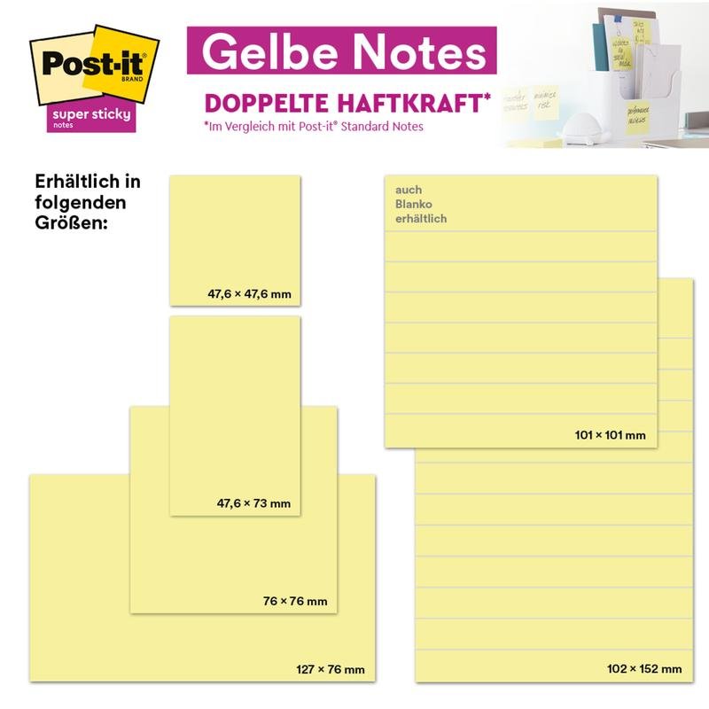 Advertentiebeeld voor de Post-it® Super Sticky Notes van 3M Deutschland GmbH in Geel, formaat 51 x 76 mm, 90 vel per blok, 12 blokken per verpakking, op de achtergrond is een PEFC-gecertificeerde kartonnen verpakking te zien.