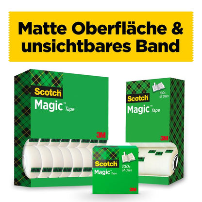 Afgebeeld zijn drie Scotch® Magic™ Onzichtbare Plakband Voordeelpak-dozen van 3M Deutschland GmbH, erboven staat "Matte Oppervlakte & Onzichtbare Band". De groen geruite verpakkingen bevatten elk 24 rollen (19 mm x 33 m).