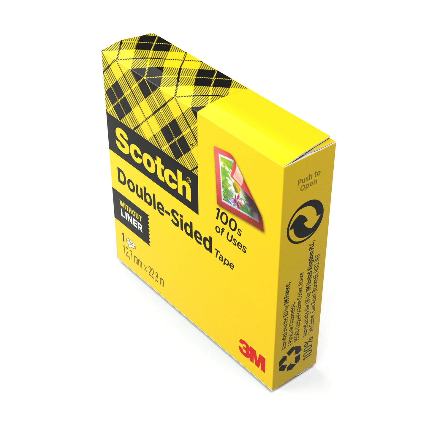 Eine gelbe Schachtel Scotch® doppelseitiges Klebeband von 3M Deutschland GmbH enthält 1 Rolle (12 mm x 22,8 m); die Verpackung zeigt ein Karomuster, den Produktnamen und Angaben zur Verwendung.