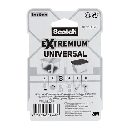 Auf einer Packung Scotch® Extremium™ Universal Klebeband, 3 m x 19 mm von 3M Deutschland GmbH sind der Produktname, Anwendungsbilder, eine mehrsprachige Anleitung und das 3M Logo unten rechts abgebildet.