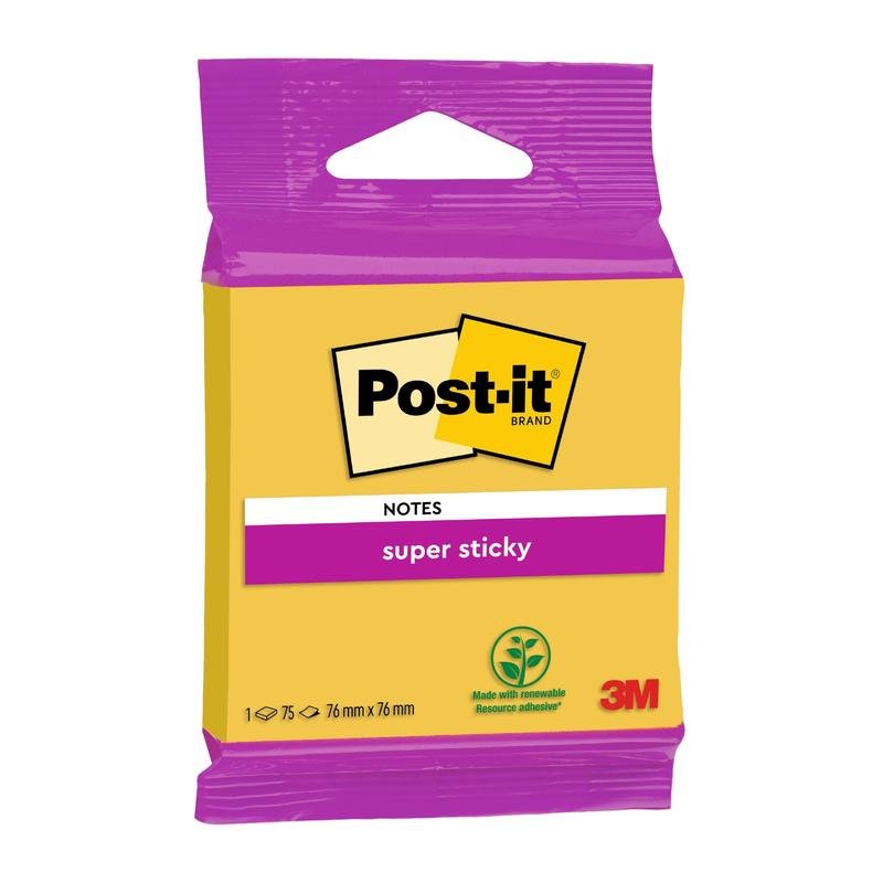 Een verpakking Post-it® Super Sticky Notes 6820S3 van 3M Deutschland GmbH, grootte 76 x 76 mm, in neongroen, neonroze, ultrageel, ultragroen en ultraroze; 1 blok met 75 vel; lijm van hernieuwbare grondstoffen; PEFC-gecertificeerd.