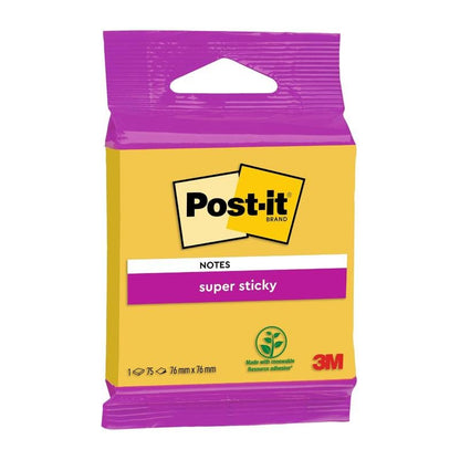 Een verpakking Post-it® Super Sticky Notes 6820S3 van 3M Deutschland GmbH, grootte 76 x 76 mm, in neongroen, neonroze, ultrageel, ultragroen en ultraroze; 1 blok met 75 vel; lijm van hernieuwbare grondstoffen; PEFC-gecertificeerd.