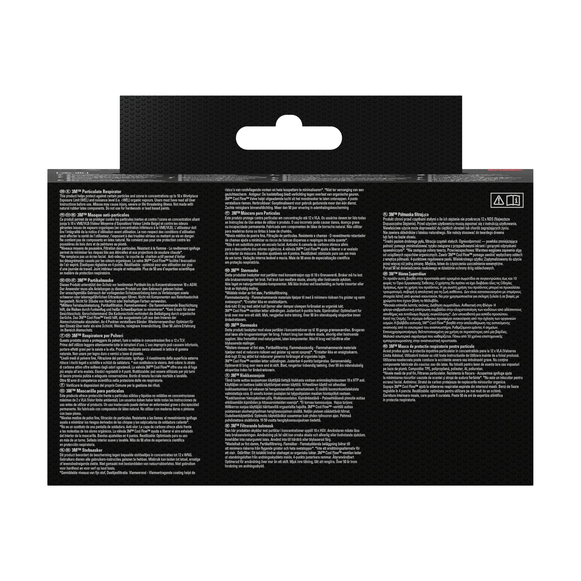 Die Abbildung zeigt die Rückseite einer 3M™ Cool Flow™ Partikelmaske 9922 (FFP2, mit Ventil, 2er-Pack) der 3M Deutschland GmbH mit mehrsprachigem weißem Text, Sicherheitssymbolen oben rechts und einem ausgeschnittenen Griff oben in der Mitte.