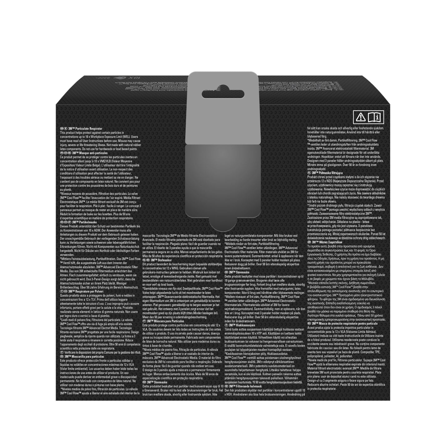 De afbeelding toont de achterkant van een 3M™ Aura™ Comfort Cool Flow™ Deeltjesmasker 9322+ FFP2 met ventieldoos van 3M Deutschland GmbH. De zwarte doos heeft een grijze ophanglus, witte meertalige tekst in kolommen en twee symbolen in de rechterbovenhoek.