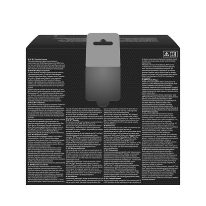 De afbeelding toont de achterkant van een 3M™ Aura™ Comfort Cool Flow™ Deeltjesmasker 9322+ FFP2 met ventieldoos van 3M Deutschland GmbH. De zwarte doos heeft een grijze ophanglus, witte meertalige tekst in kolommen en twee symbolen in de rechterbovenhoek.