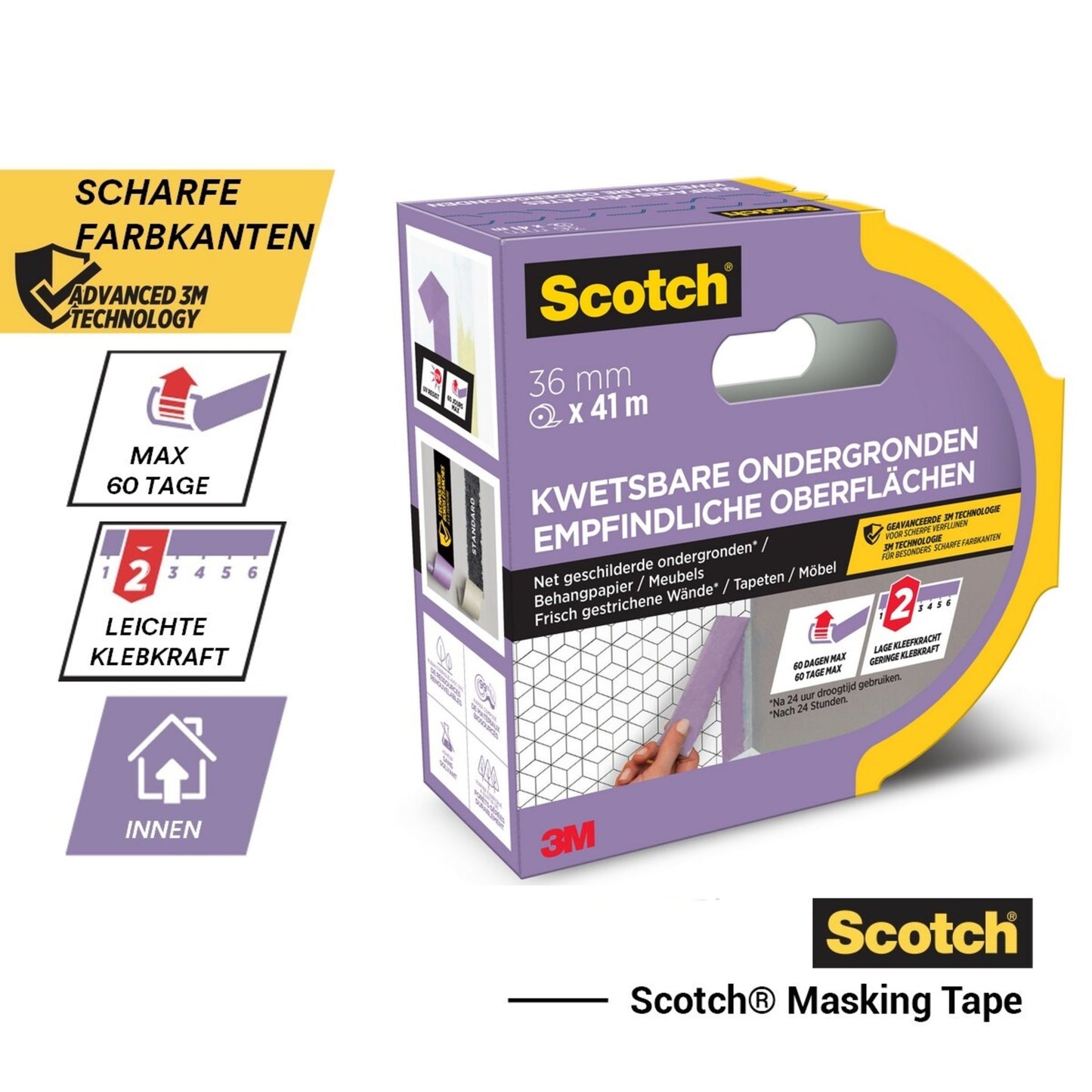 Scotch® afplaktape voor gevoelige oppervlakken, 24 mm x 41 m, 1 rol/verpakking, PEFC-gecertificeerd (SGSCH-PEFC-COC-110078), met details in het Duits/Nederlands; lichte kleefkracht, voor binnengebruik, 3M-branding.