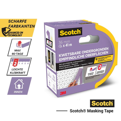 Scotch® afplaktape voor gevoelige oppervlakken, 24 mm x 41 m, 1 rol/verpakking, PEFC-gecertificeerd (SGSCH-PEFC-COC-110078), met details in het Duits/Nederlands; lichte kleefkracht, voor binnengebruik, 3M-branding.