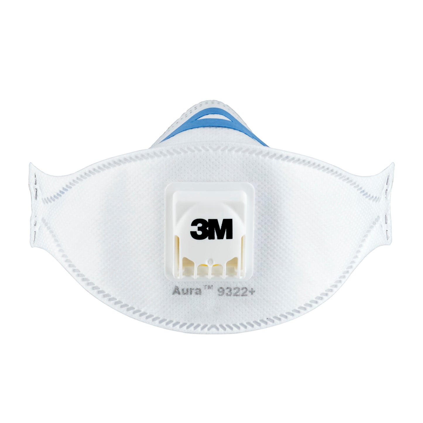 Een 3M™ Aura™ Comfort Cool Flow™ Deeltjesmasker 9322+, FFP2, met ventiel, van 3M Deutschland GmbH, is voor een witte achtergrond afgebeeld.