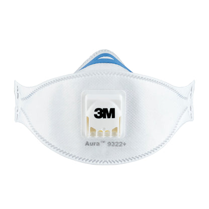 Een 3M™ Aura™ Comfort Cool Flow™ Deeltjesmasker 9322+, FFP2, met ventiel, van 3M Deutschland GmbH, is voor een witte achtergrond afgebeeld.