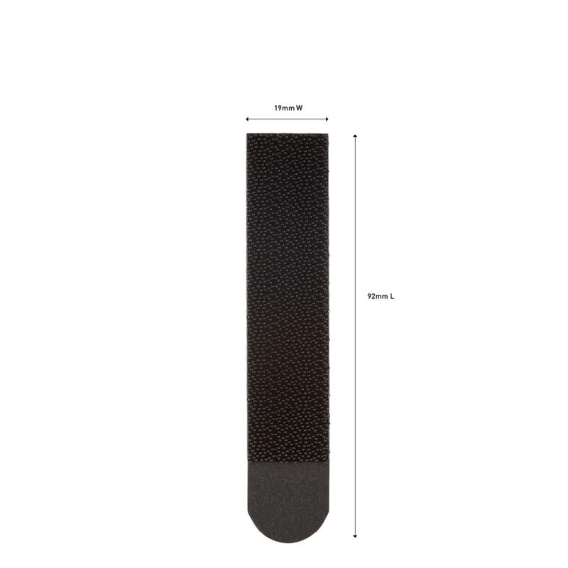 Een zwarte, rechthoekige 3M Deutschland GmbH Command™ Bevestigingsstrip 17206BLK (19mm x 92mm) wordt verticaal weergegeven met gemarkeerde afmetingen op een witte achtergrond - ideaal voor schadevrij ophangen.